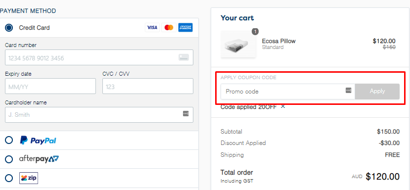 How do I use my Ecosa promo/coupon code?