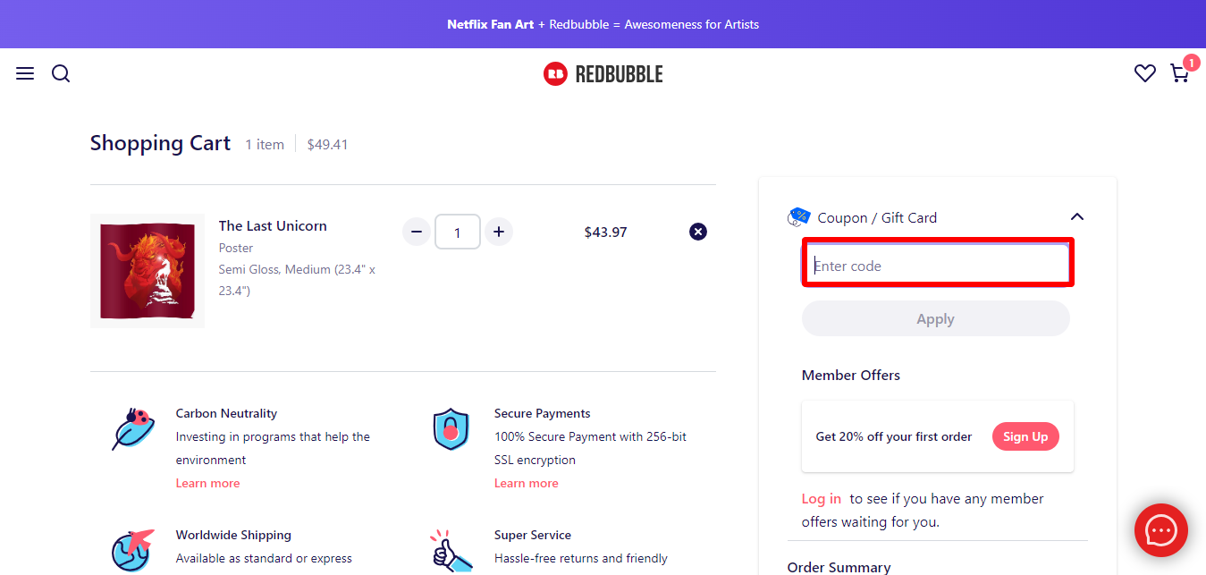 Redbubble coupon codes place highlighted with a red box on their checkout page