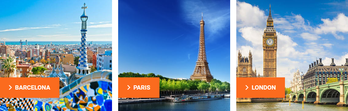 A collage of Turbopass destinations showing Barcelona, Paris and the iconic Eiffel Tower as well as London's Tower Bridge