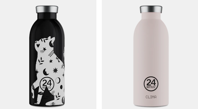 Zwei Clima Bottles, eine mit Katzen-Motiv und die anderen im einfarbigen Design