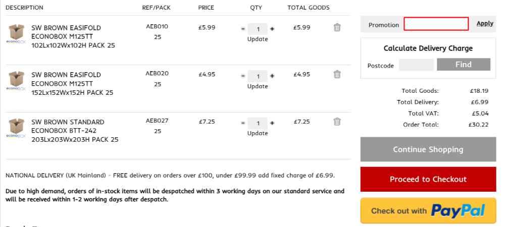 The Davpack shopping basket page with where to paste the Davpack voucher code in a red box.