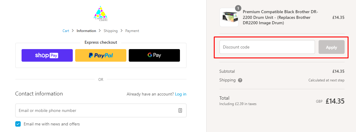 How do I use my The Cartridge Centre discount code?