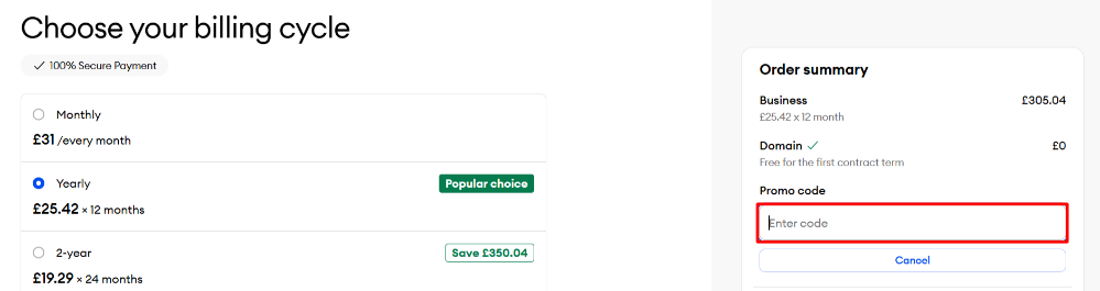 Applying a Jimdo voucher code in the discount code box highlighted with a red box for the first billing period