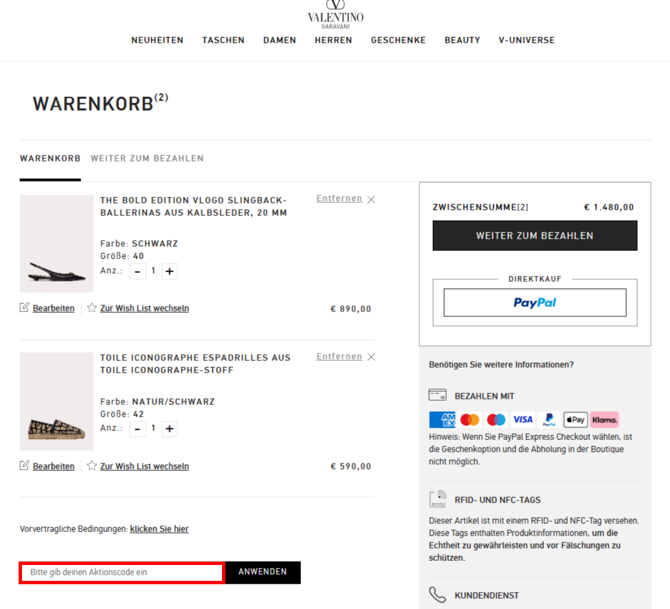 Der Warenkorb von VALENTINOs mit rotmarkierter Stelle für den VALENTINO Gutschein