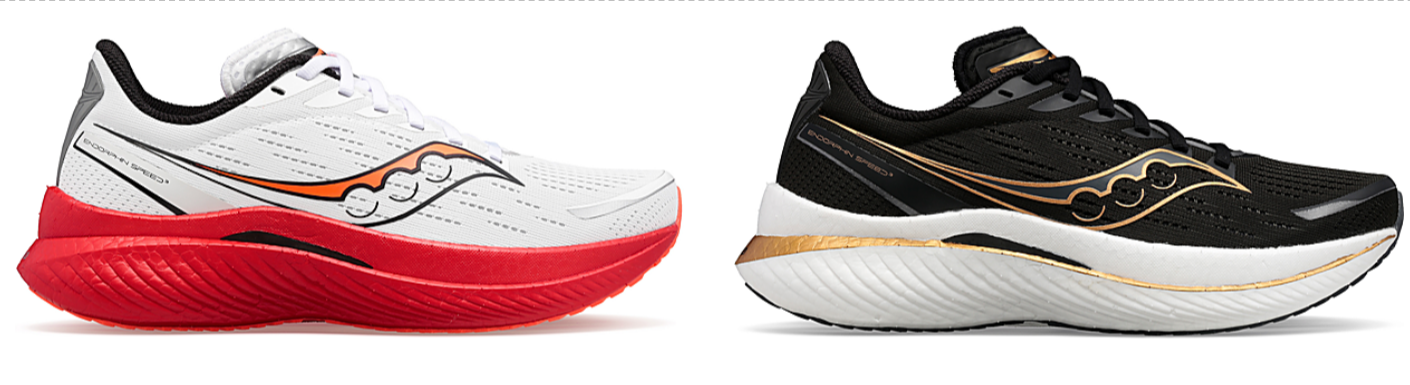 Zwei stilvolle Sneaker der ENDORPHIN SPEED Serie von Saucony, in jeweils verschiedenen Farbrichtungen