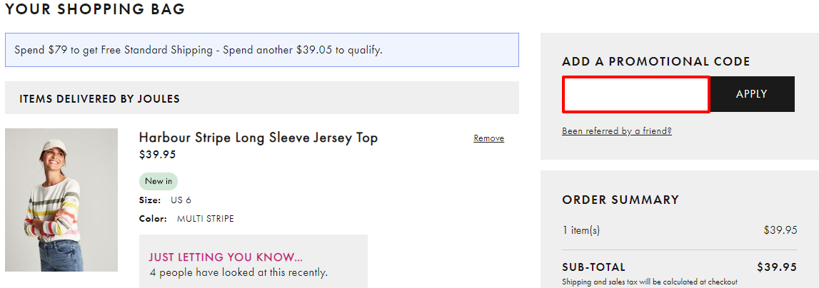 The brand checkout page with where to add the Joules coupon code is highlighted with a red box.