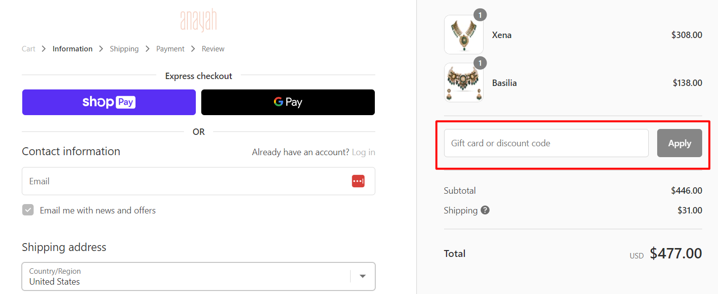 How do I use my Anayah discount code?