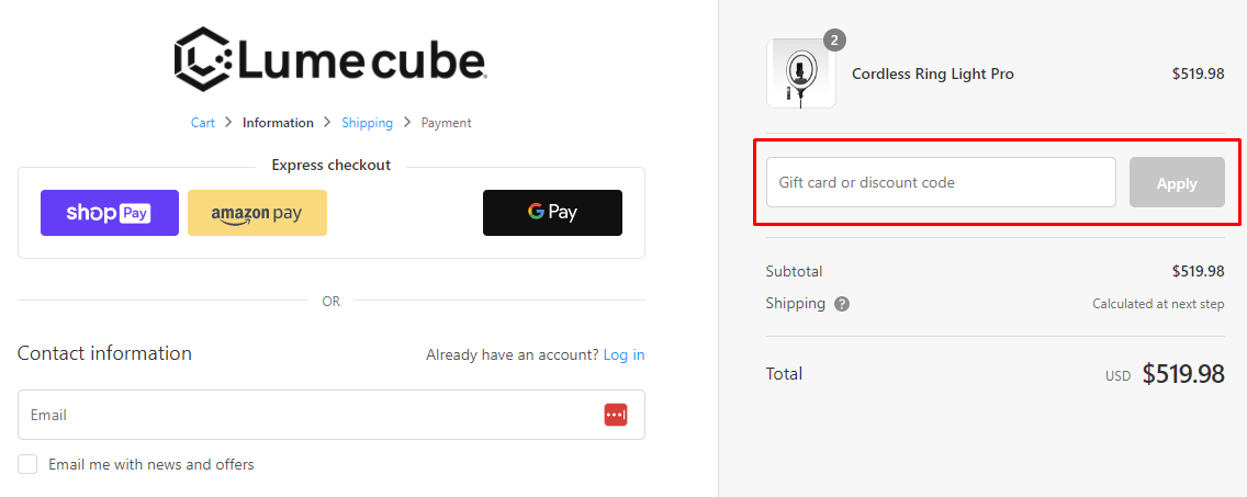How do I use my LumeCube discount code?
