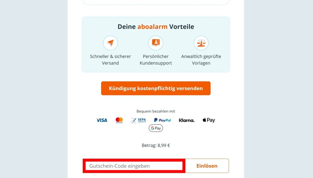 Kündigungsverlauf von aboalarm mit einem rotmarkierten Eingabefeld für Gutscheine