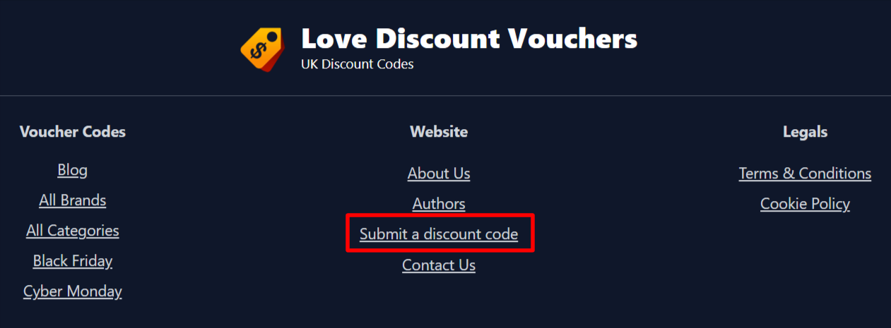 "submit a code" highlighted text on the Love Discount Vouchers footer
