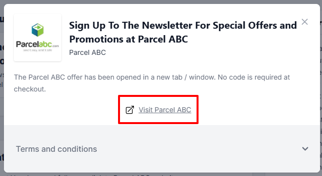 A Parcel ABC offer with "Vsit Parcel ABC in a red box.