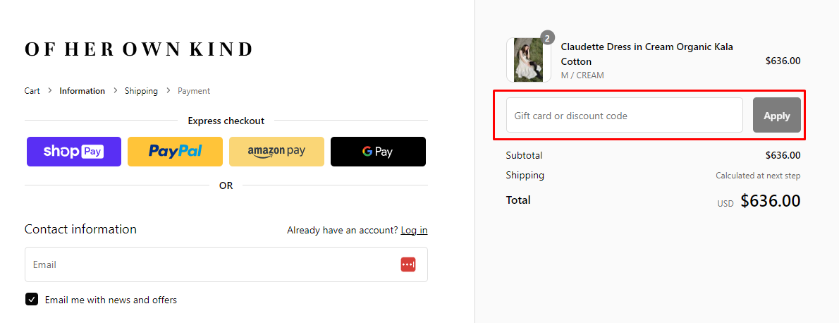 How do I use my Of Her Own Kind discount code?