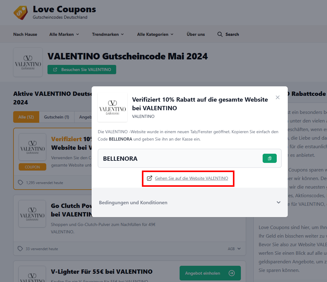 Die Love Coupons Seite mit einem offenen Rabattcode und rotmarkiertem Link für VALENTINO