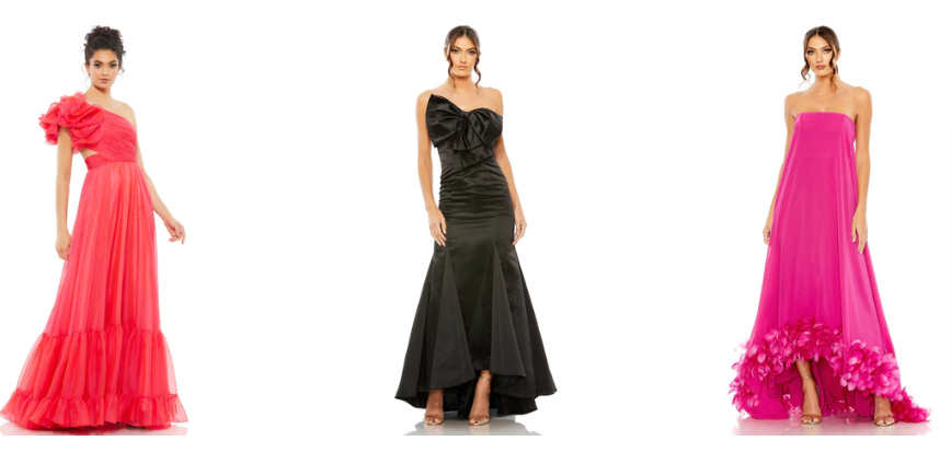 Mac Duggal evening gowns worn by three different women, the dresses are in black, red, and pink colors