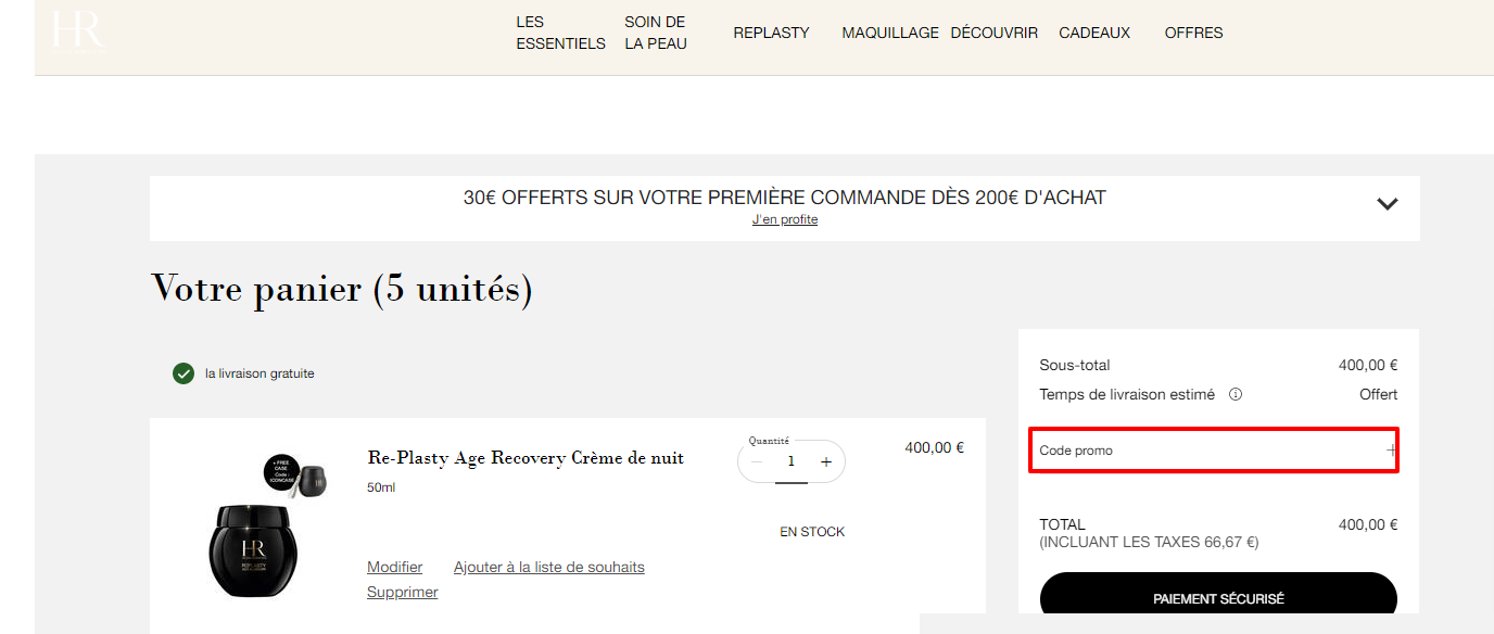 La page de paiement de la marque avec l'endroit où ajouter le Helena Rubinstein coupon mis en évidence avec une boîte rouge.