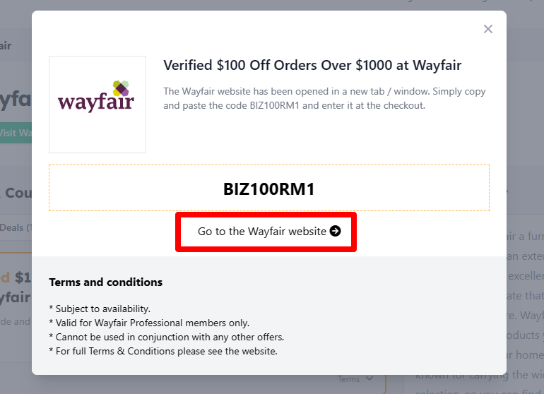 Box displayed on a darkened background of a Wayfair coupon code with the terms and conditions showing