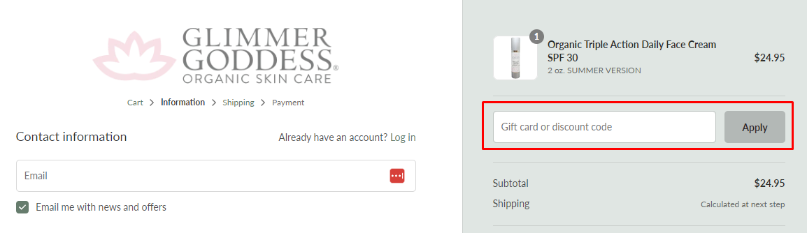 How do I use my Glimmer Goddess discount code?