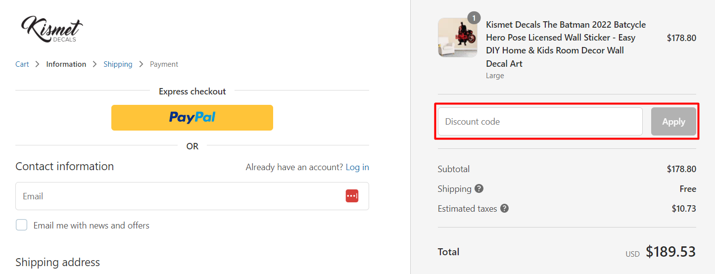 How do I use my Kismet Decals discount code?