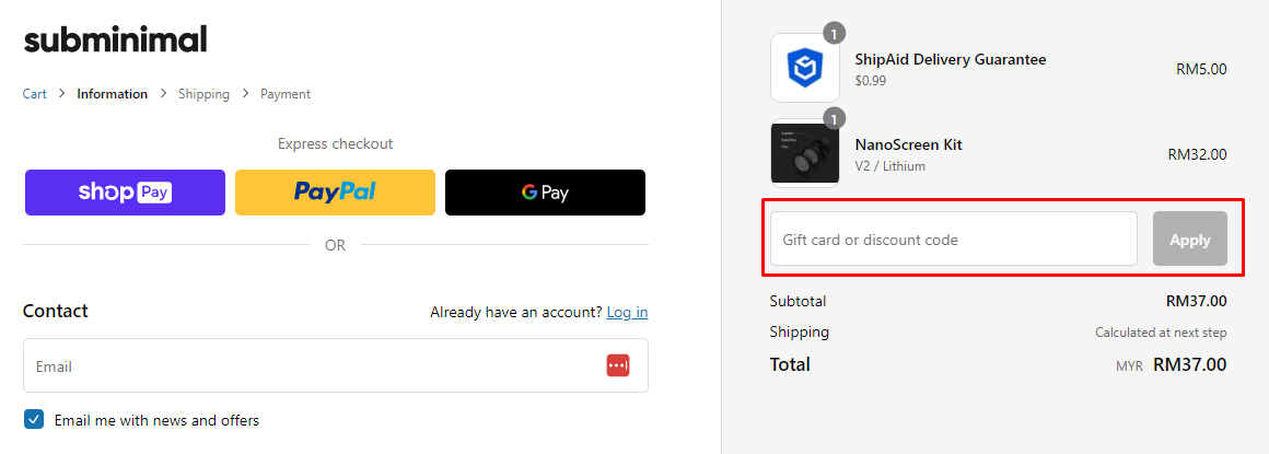 How do I use my Subminimal discount code?