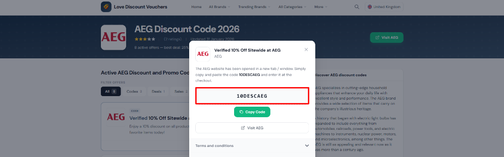 An AEG promo code on Love Discount Vouchers