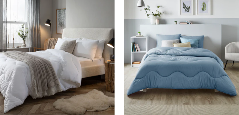 Two bedrooms with different aesthetics from The fine bedding company, one has a light colourful feel and the other a natural cool feel