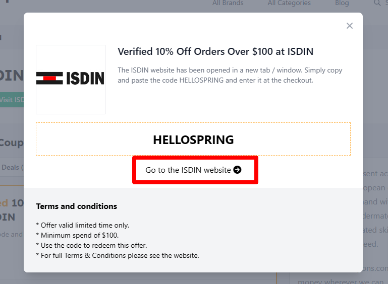 Box displayed on a darkened background of a ISDIN coupon code with the terms and conditions showing