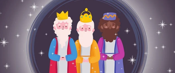 tres reyes magos con coronas en fondo gris disponible con un código descuento del día de los reyes magos