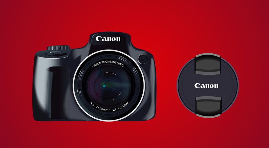 red background with a Adorama camera