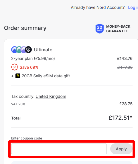 The NordVPN discount code is entered in a red box on the checkout page for the brand.