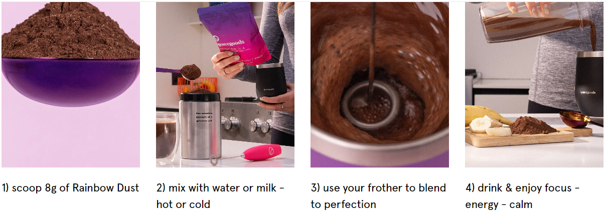 A close-up of a series of steps showing how to use the Rainbow Dust from Space Goods from the Space Goods website.