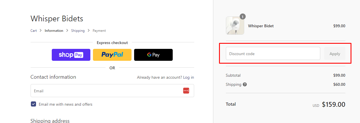 How do I use my Whisper Bidets discount code?