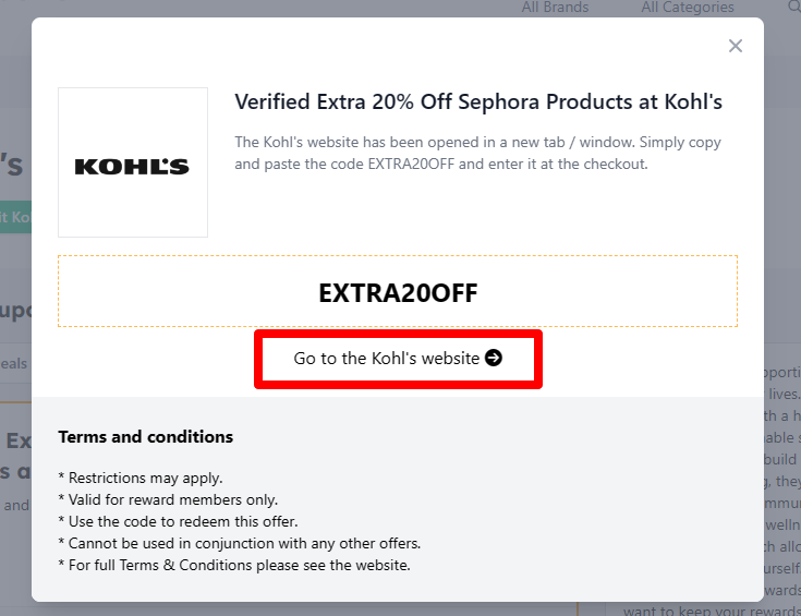 Box displaying the Kohl's promo code in the red square with the terms and conditions in a darkened background
