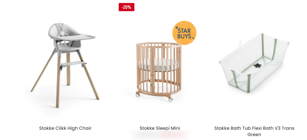 A Stokke high chair, Sleepi mini and bathtub, that Mothercare stocks which is affordable high luxury