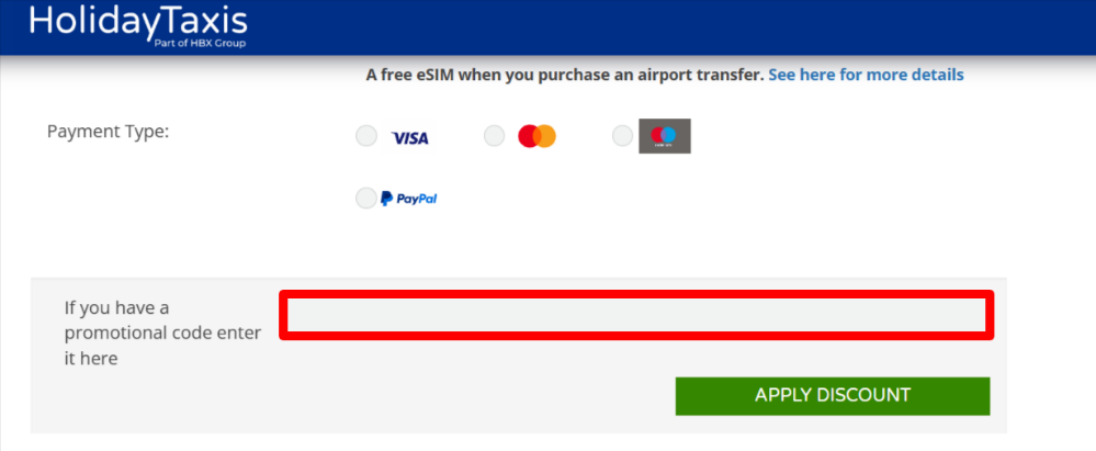 The Holiday Taxis checkout page and a promotional box for the code to claim a discount
