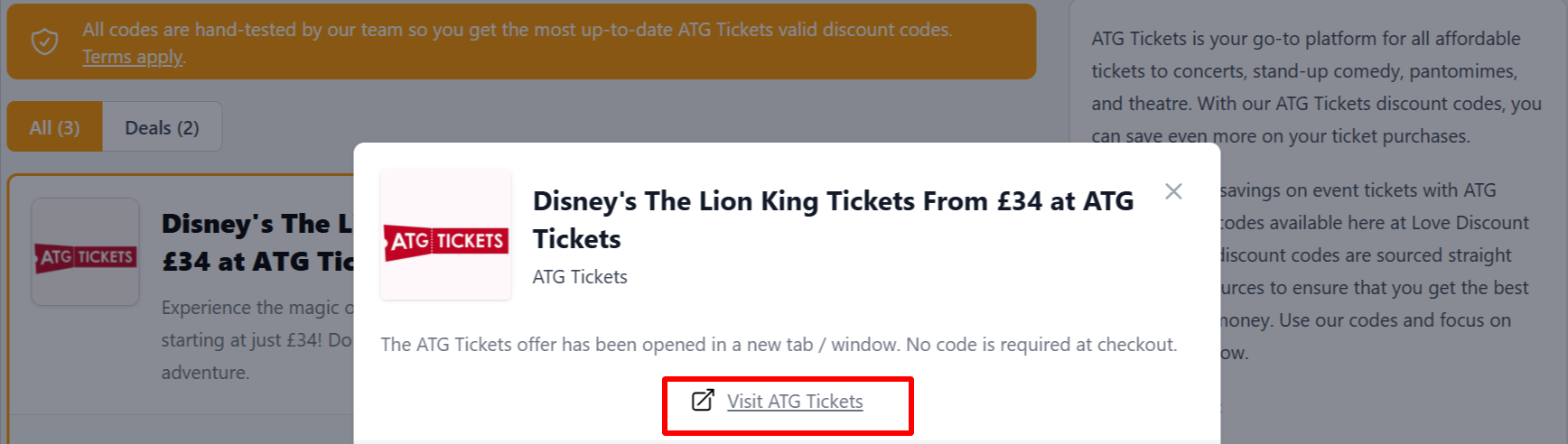 The highlighted red box shows the link that takes you to the ATG Tickets website