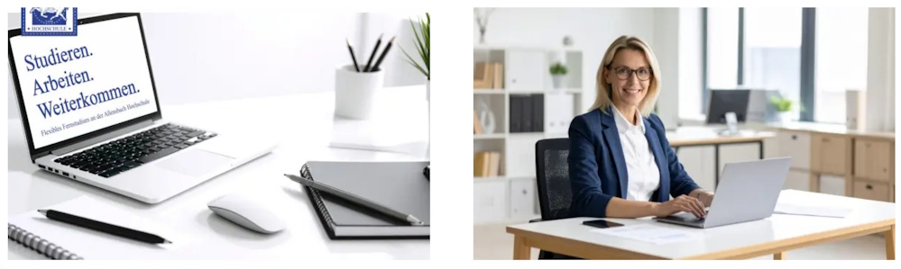 Ein Bild von einem Laptop mit Stiften neben dem Bild einer Frau, die einen Laptop am Schreibtisch bedient
