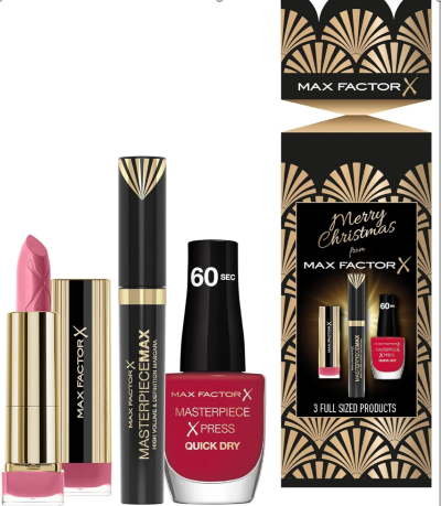 A gift set of a lipstick, mascara, and nail polish