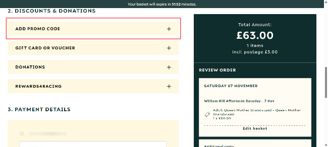 The Jockey Club  checkout page with discount code box highlighted in red