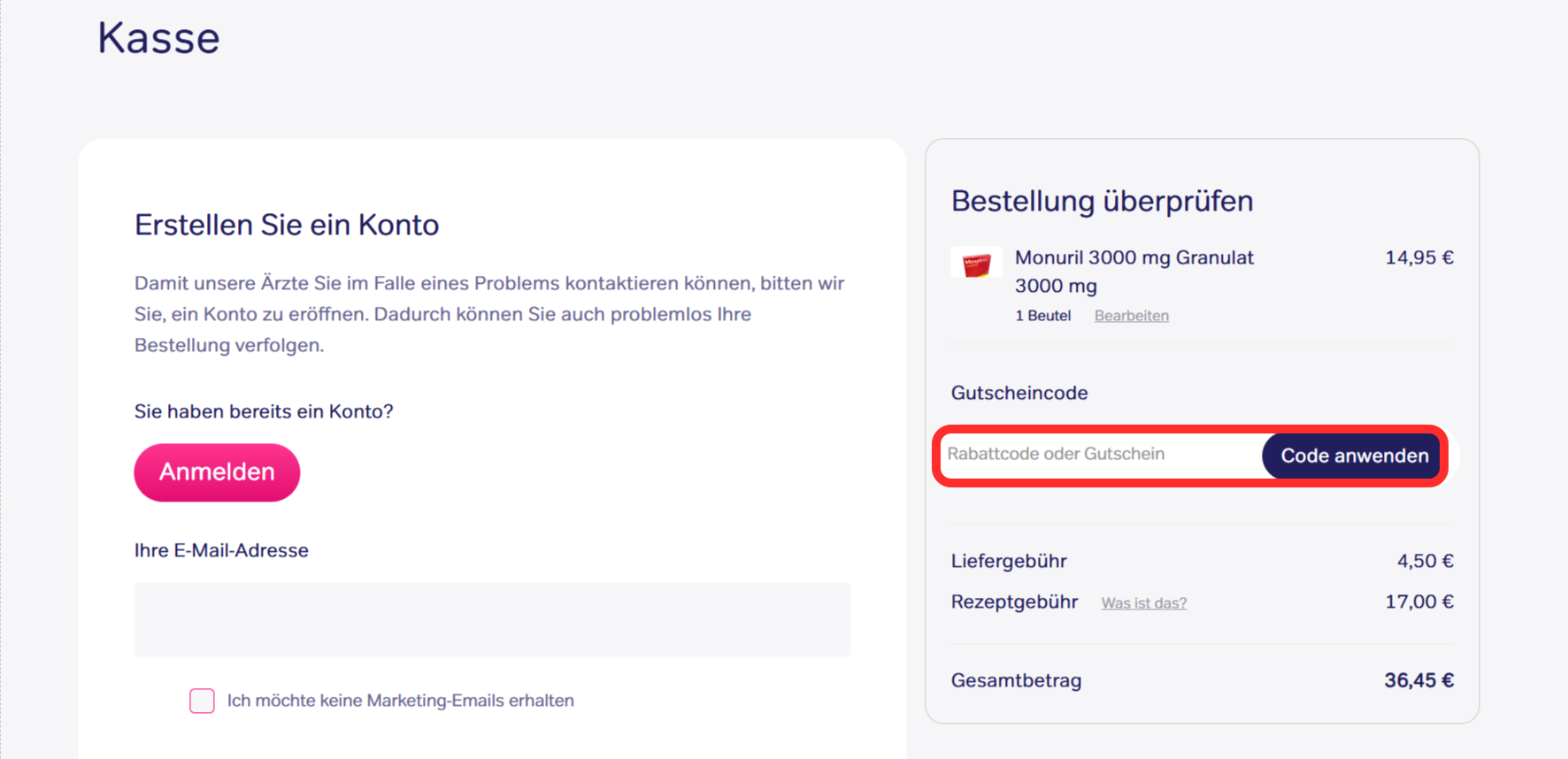 Bestellverlauf von Kapsel mit einem rotmarkierten Eingabfeld für einen Gutscheincode