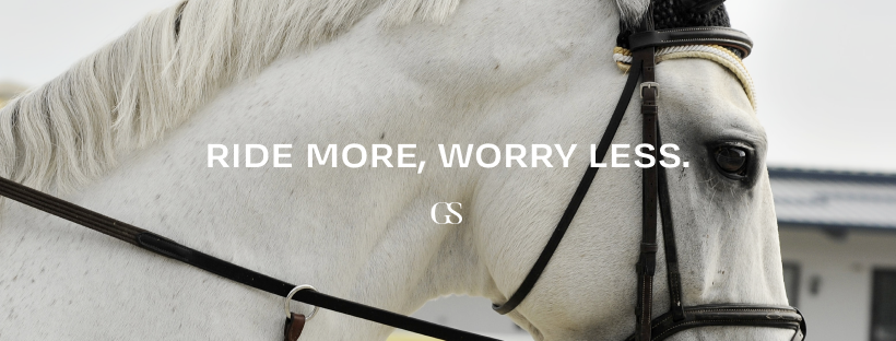 Close-up of a white horse with the slogan “Ride More, Worry Less”