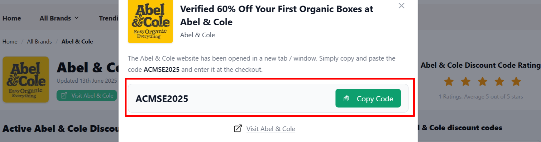 The highlighted red box shows the link that takes you to the Abel & Cole website