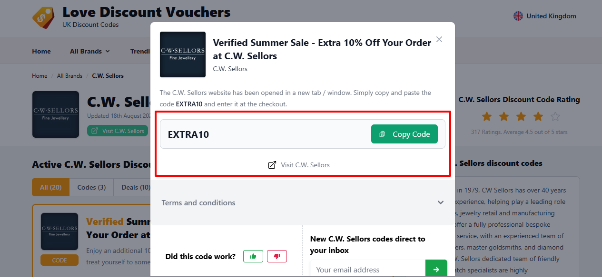 The highlighted red box shows the link to the C.W. Sellors website for shopping.