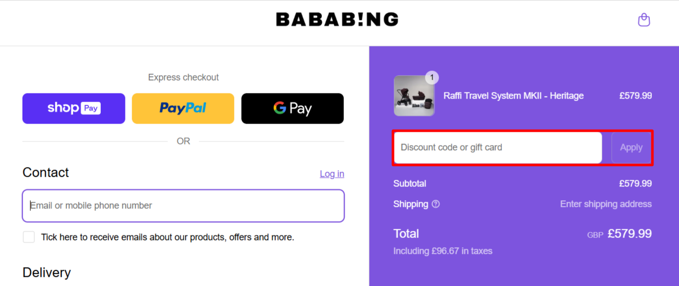 The checkout page showing where to apply your Bababing voucher code