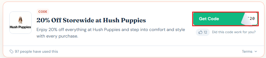 Hush Puppies code available and a red box around get code