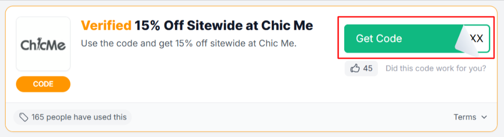 A Chic Me voucher code with "Get Code" in a red box.