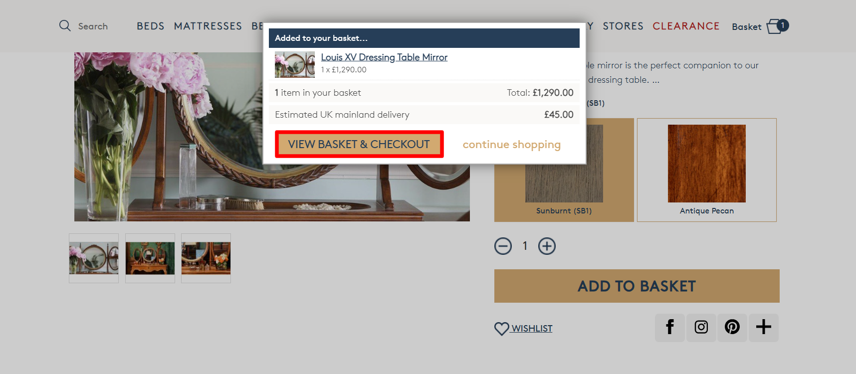 A pop-up with the “View Basket & Checkout” button highlighted with a red box