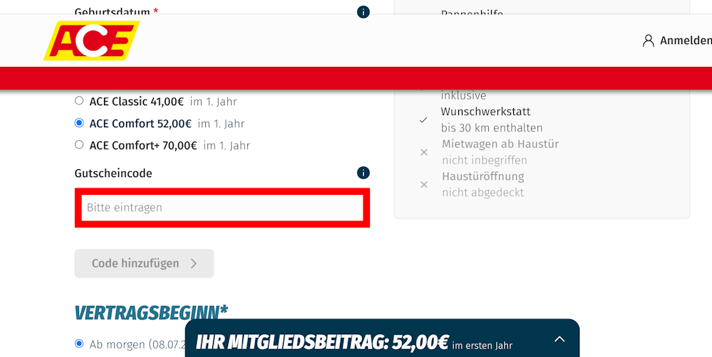 Tarifseite von Auto Club Europa mit rotmarkiertem Eingabefeld für Gutscheine