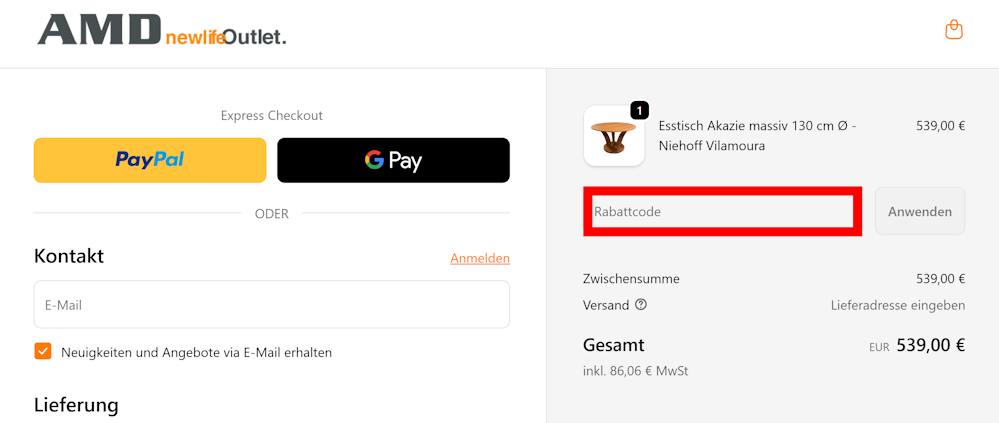 Bestellverlauf von AMD Moebel mit rotmarkiertem Eingabefeld für Gutscheine