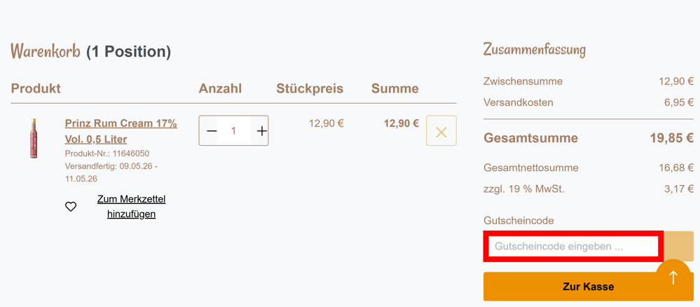 Warenkorb von Alpenbrenner mit rotmarkiertem Eingabefeld für Rabattcodes