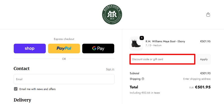 Apply your Robinson's Shoes promo code before you pay